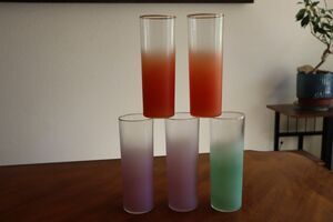 Lot 5x 70’s Vintage Blendo Multicolor Frosted Gold Rim Glass Barware 6.75" Ombre